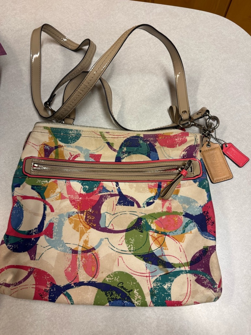Coach Multicolor Signature Ring Print Crossbody Bag - Beige with Tan Trim